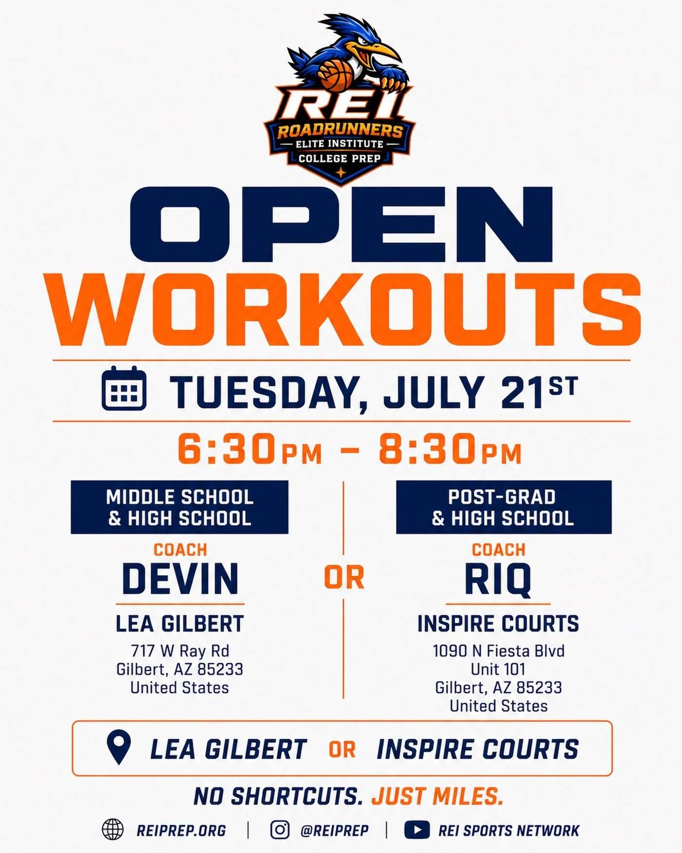 🏀 OPEN WORKOUTS TODAY!

REI Prep athletes, it&rsquo;s time to get in the gym.

Choose the workout that fits your level:

📍 LEA Gilbert
Middle School &amp; High School
Coach Devin
717 W Ray Rd
Gilbert, AZ 85233

OR

📍 Inspire Courts
High School &am