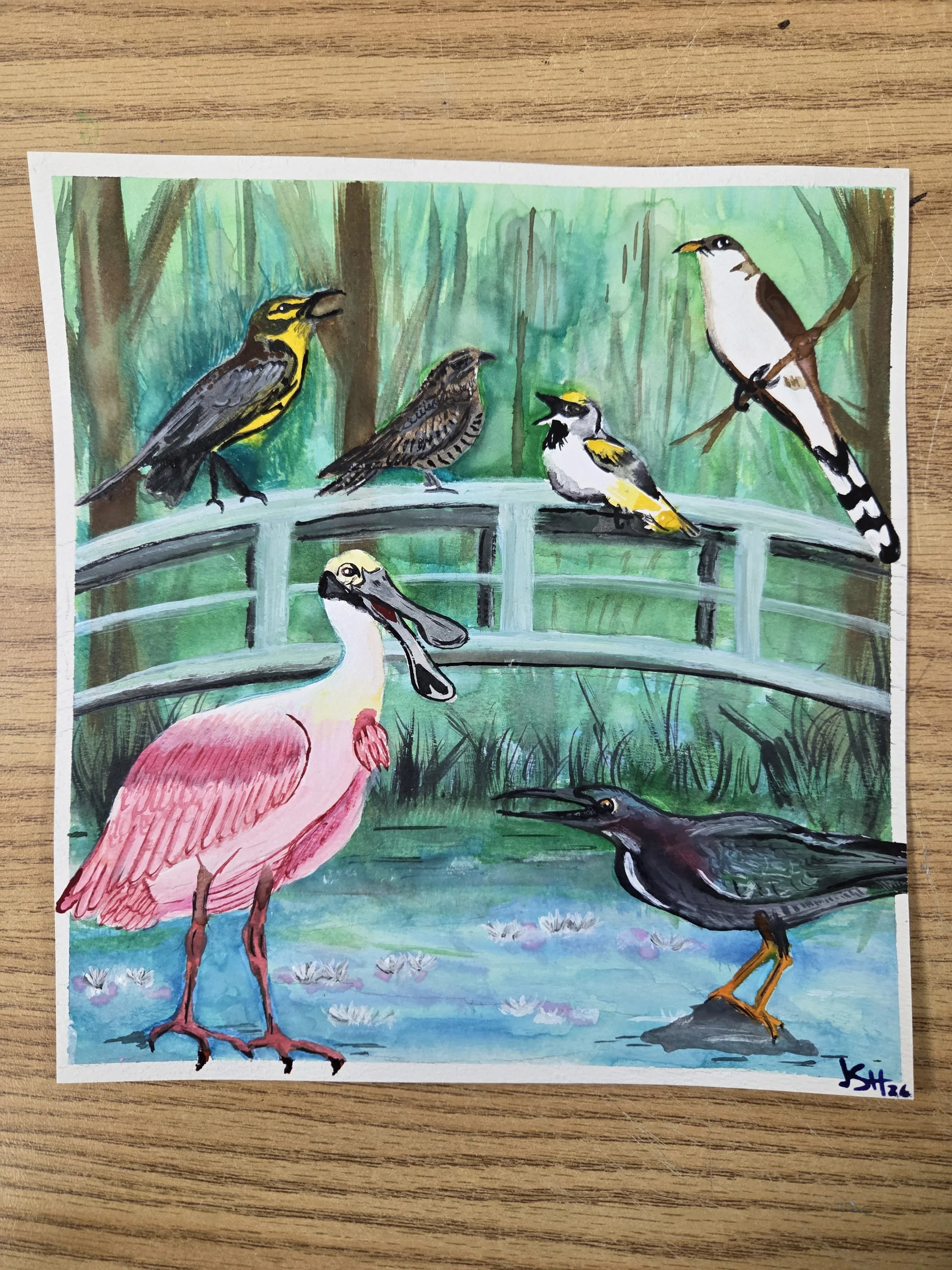 A colorful watercolor painting of various birds in a lush green forested area near water, including six local birds from South Carolina.