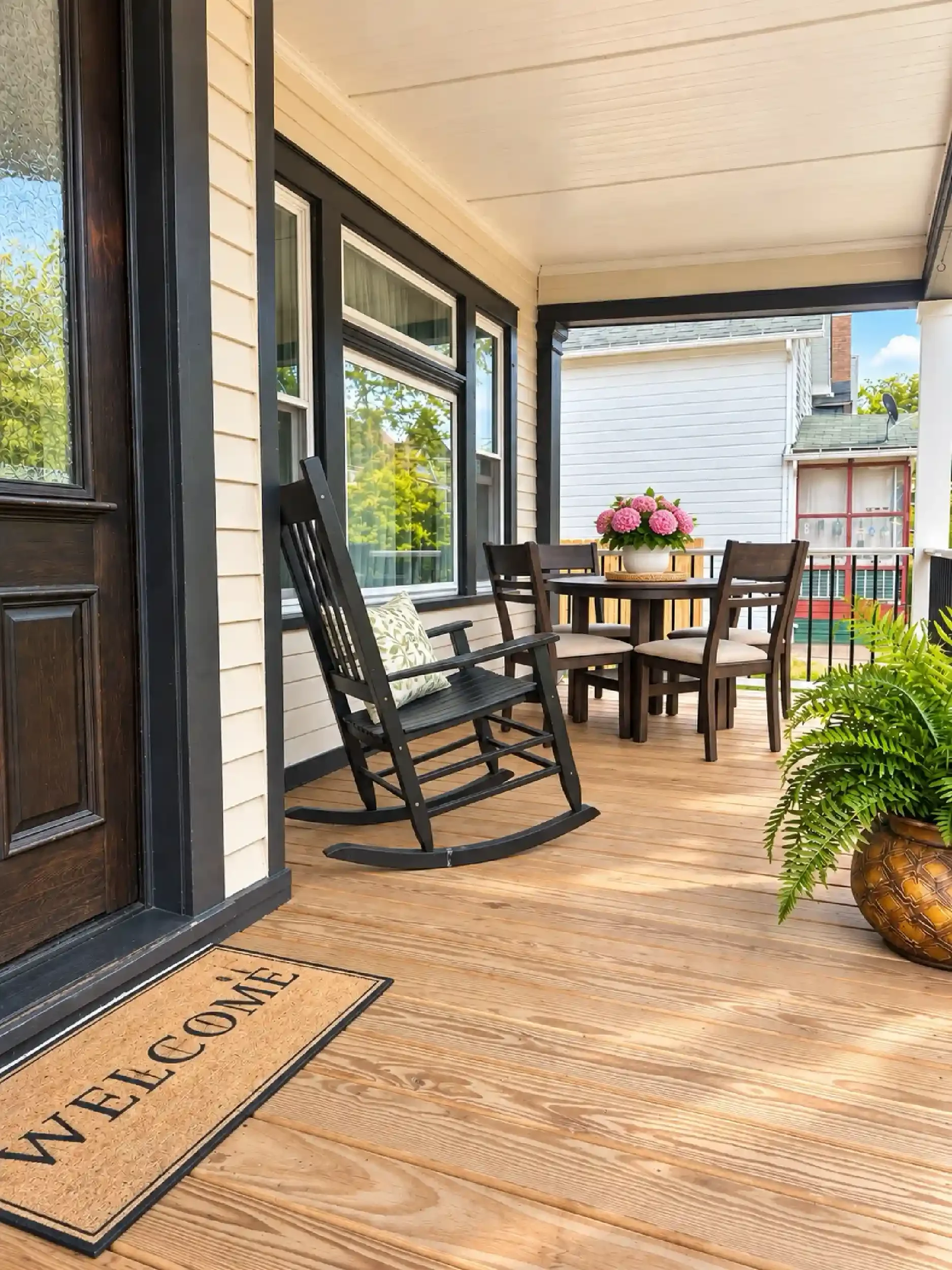 A porch with wooden flooring, a black rocking chair with a patterned pillow, a round table with a pink hydrangea plant, and a large potted fern. There are large windows with black frames, part of a house with beige siding. A door mat reads 'WELCOME' and the sky is clear with green trees visible in the background.