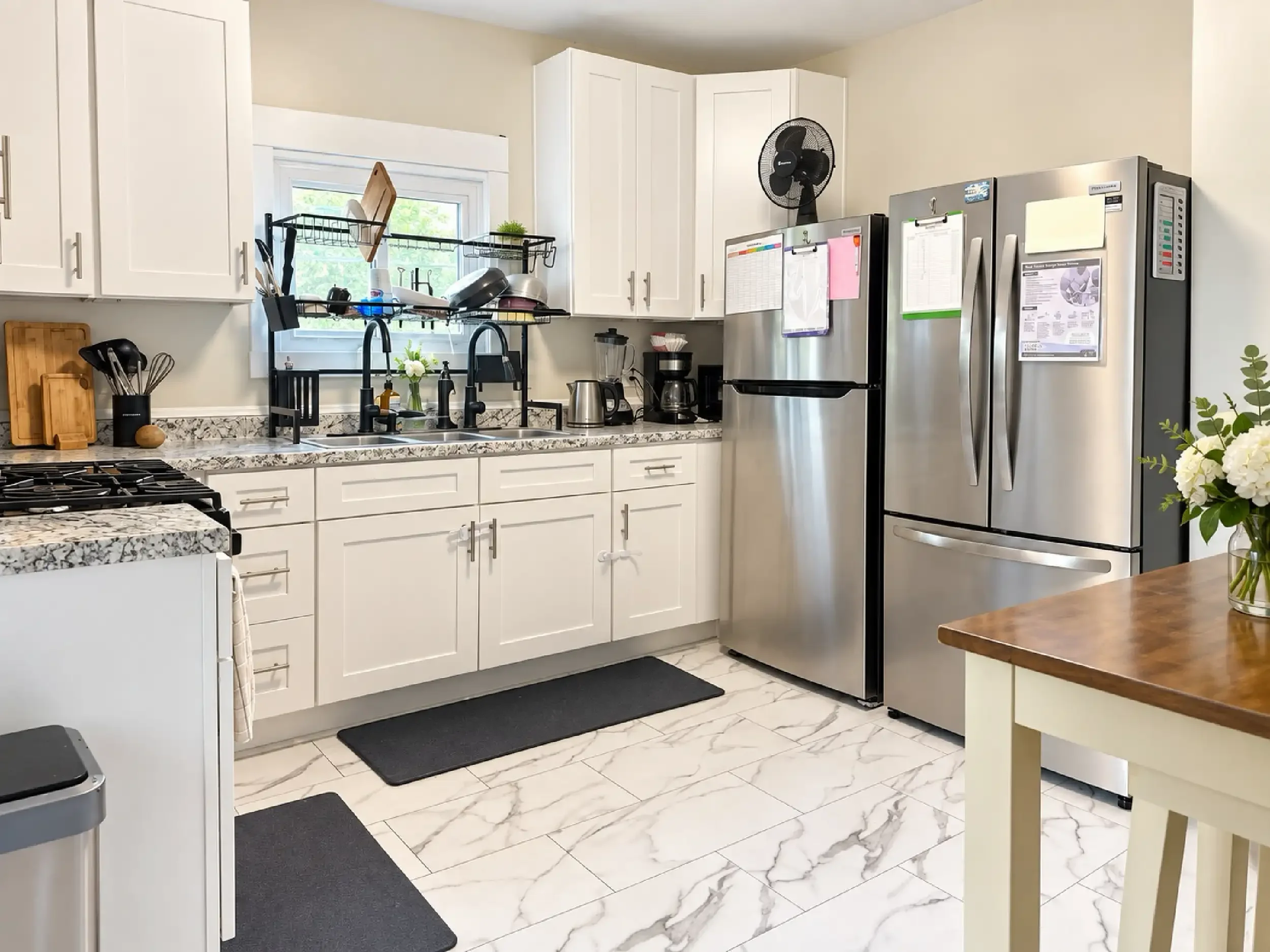 A modern kitchen with white cabinets, a stainless steel refrigerator, black faucets, and a granite countertop. There are dish drying racks with utensils and dishes near a window, and a small table with a vase of white flowers in the foreground.