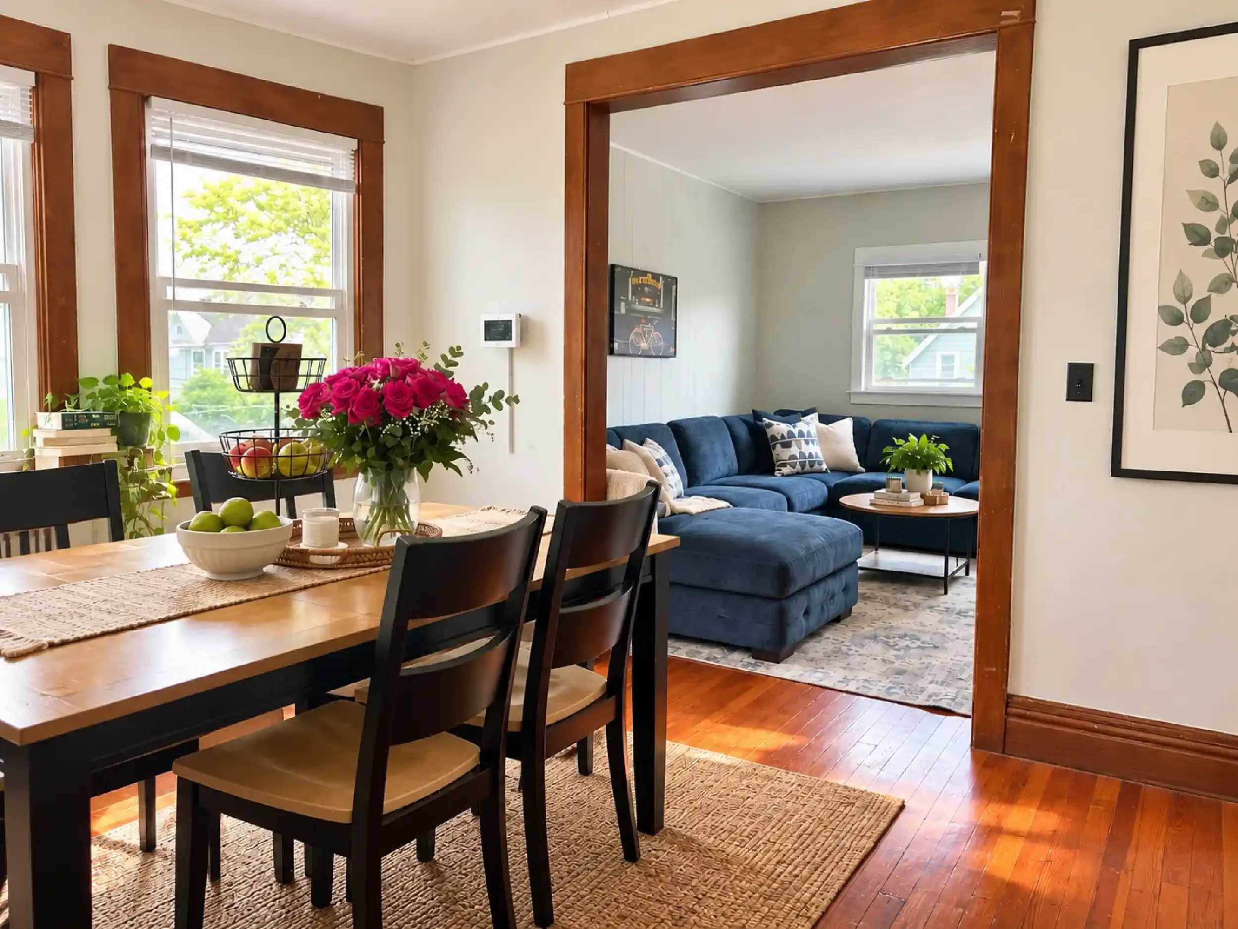 A dining room with a wooden table set with a basket of green apples, a vase of pink roses, and small candles. The room opens to a living area with a blue sectional sofa, framed art, and large windows with blinds showing trees outside.