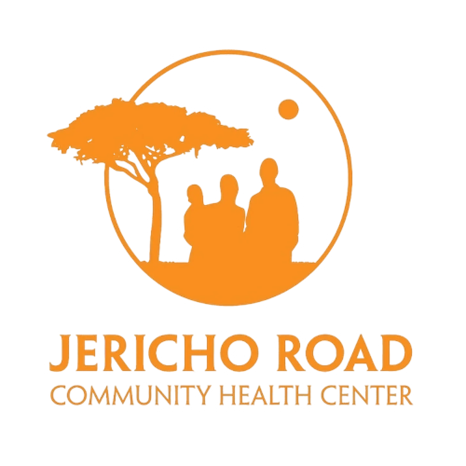 Orange logo for Jericho Road Community Health Center with a tree and two people inside a circular border.