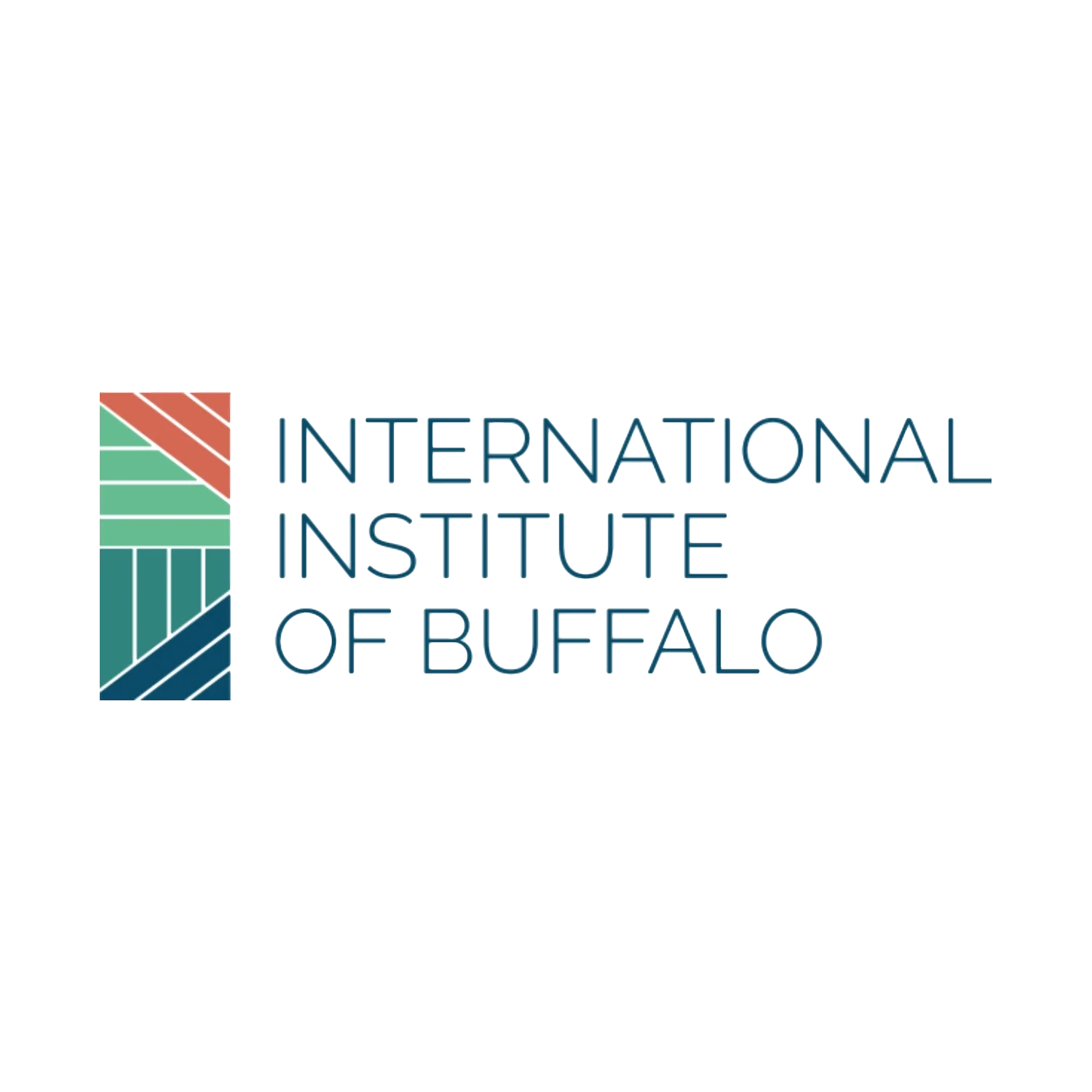 Logo for the International Institute of Buffalo, featuring a colorful geometric design and blue text on a black background.