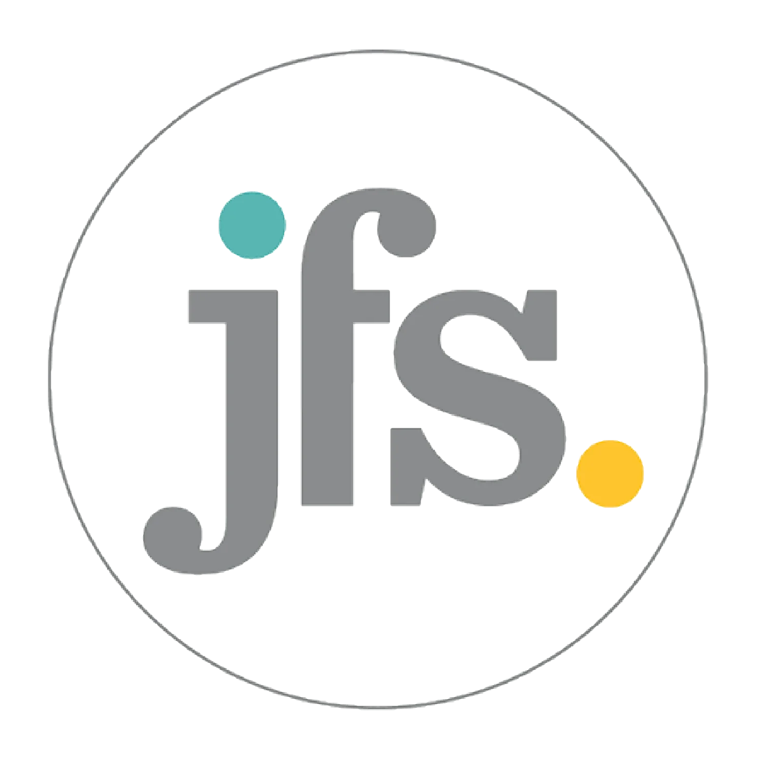 A circular logo with the word 'jifs' in large, gray lowercase letters. The letters are decorated with colorful dots: a teal dot above the 'j' and a yellow dot next to the 's'. The logo has a thin gray border.