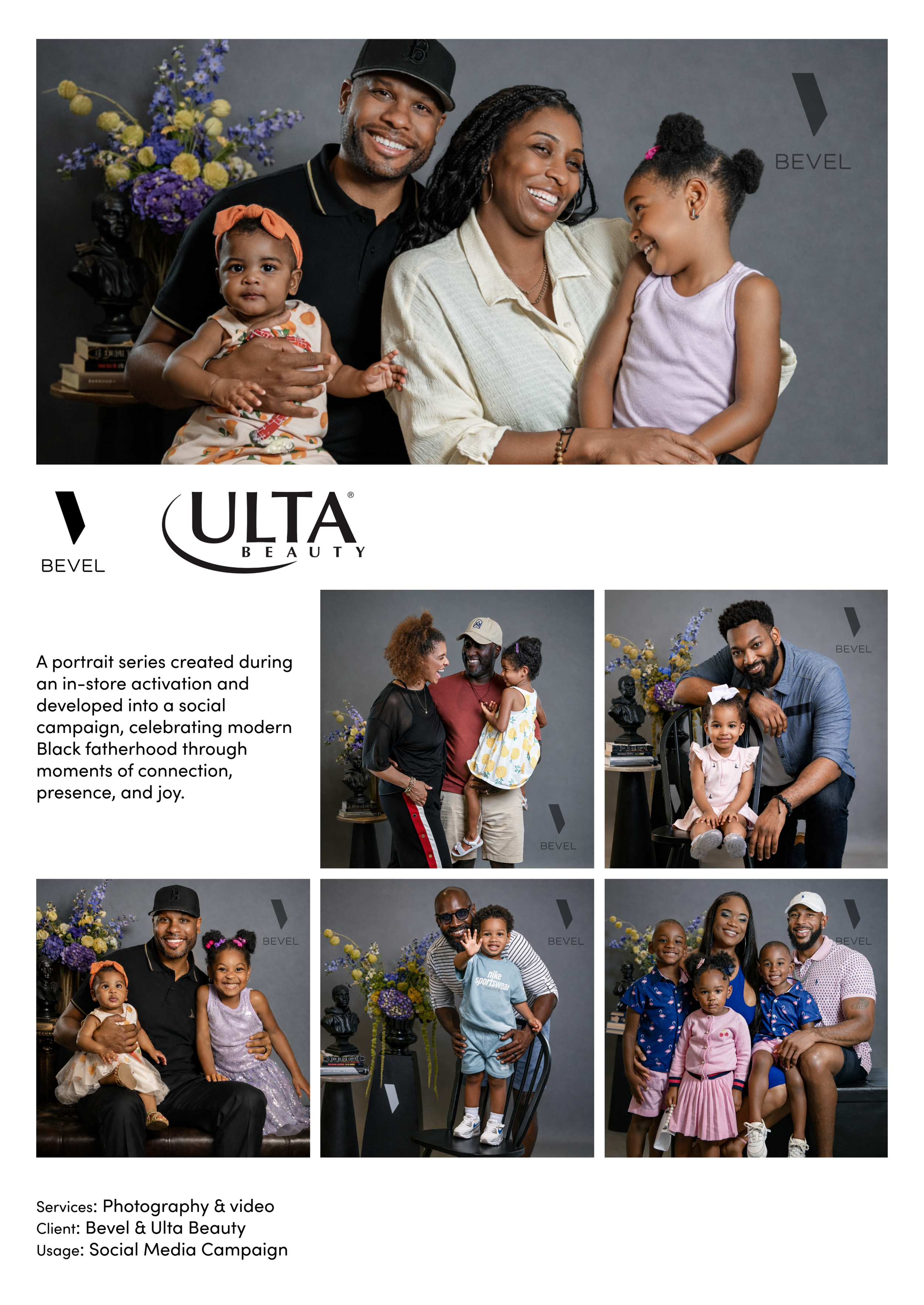 Group family portrait with diverse adults and children smiling, seated and standing in front of a gray backdrop, flowers, and decorative items, for a social media campaign.