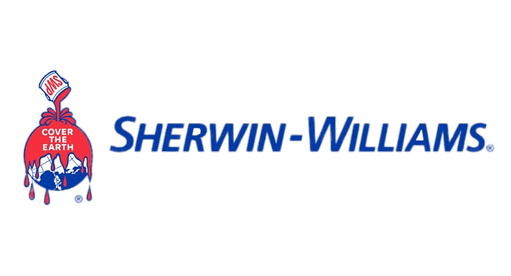 Sherwin-Williams logo featuring a red paint can with dripping blue paint and the slogan "Cover the Earth" beside the company name in blue text.