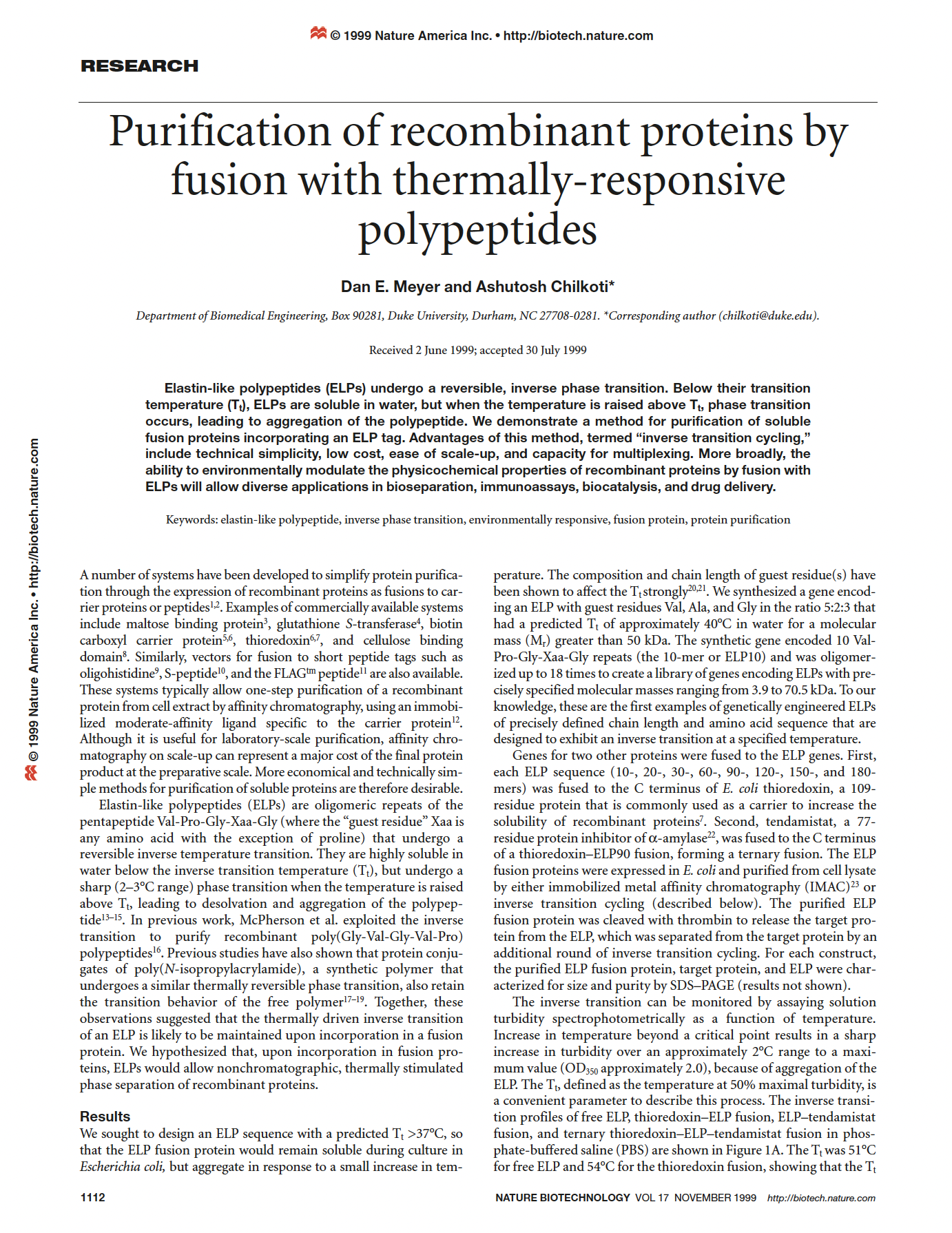 Scientific research article page with text on protein purification and biochemical methods.