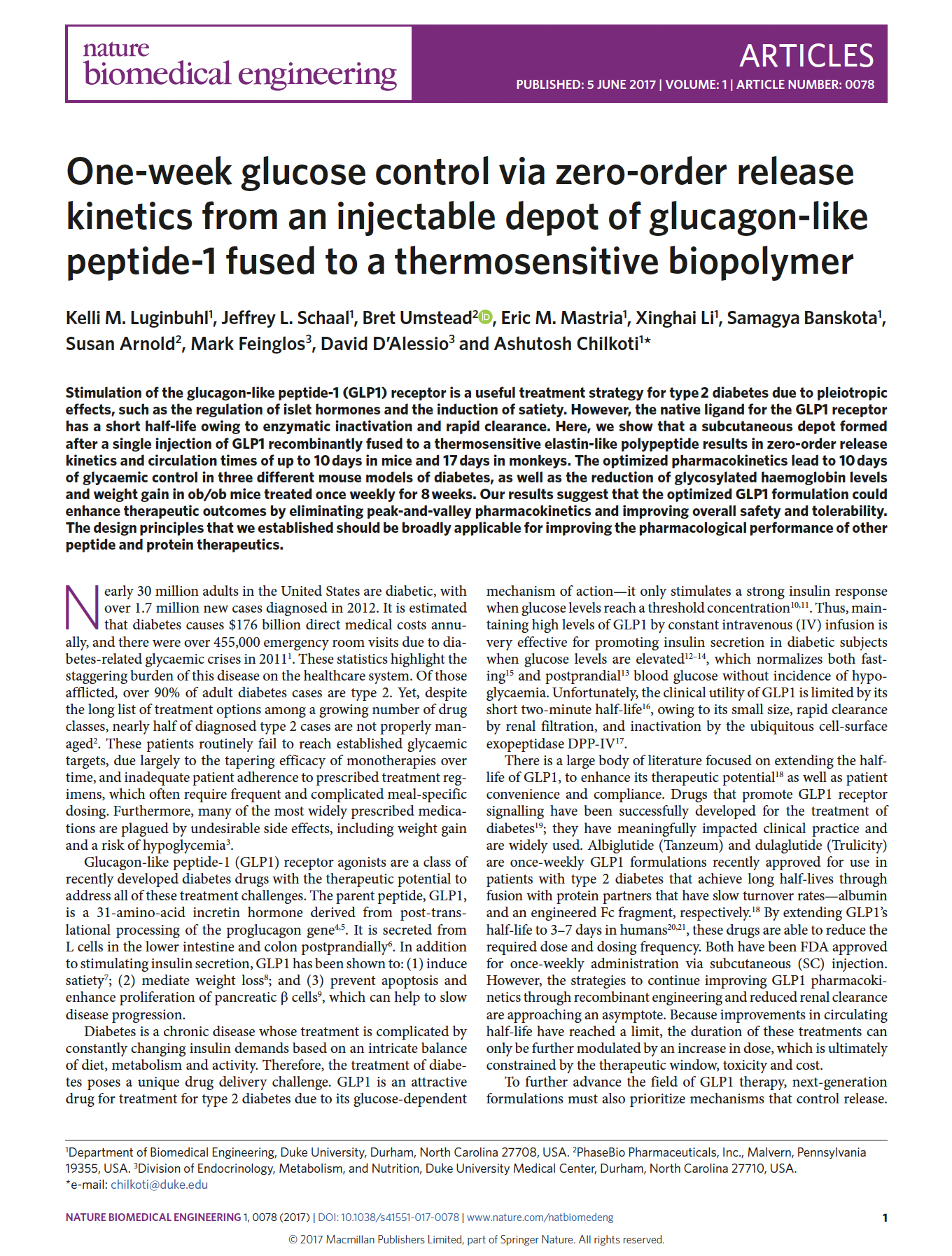 Academic article from Nature Biomedical Engineering titled 'One-week glucose control via zero-order release kinetics from an injectable depot of glucagon-like peptide-1 fused to a thermosensitive biopolymer,' published June 5, 2017, Volume 1, Article 0078.