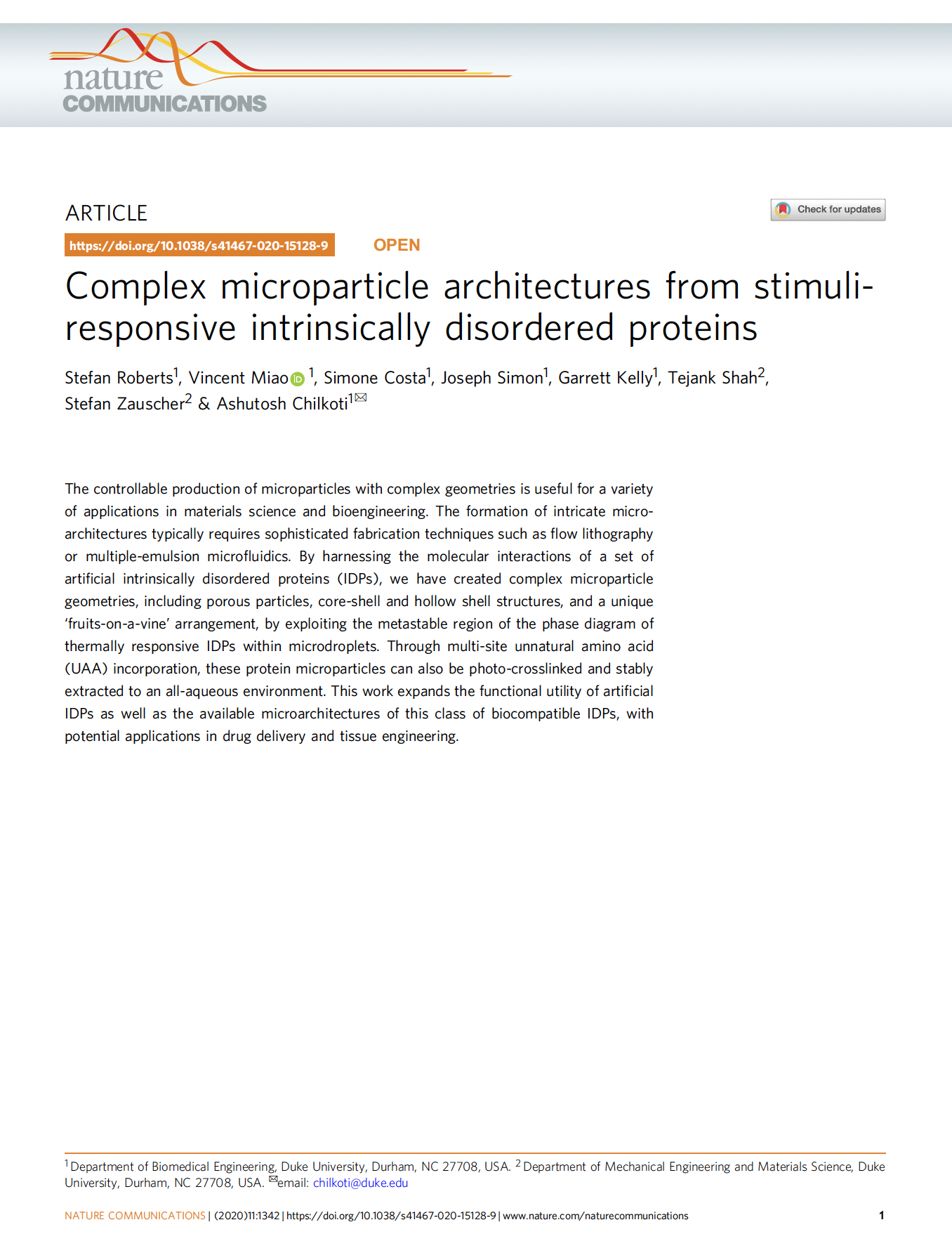 Screenshot of a scientific article titled 'Complex microparticle architectures from stimuli-responsive intrinsically disordered proteins' from Nature Communications with author names and publication details.