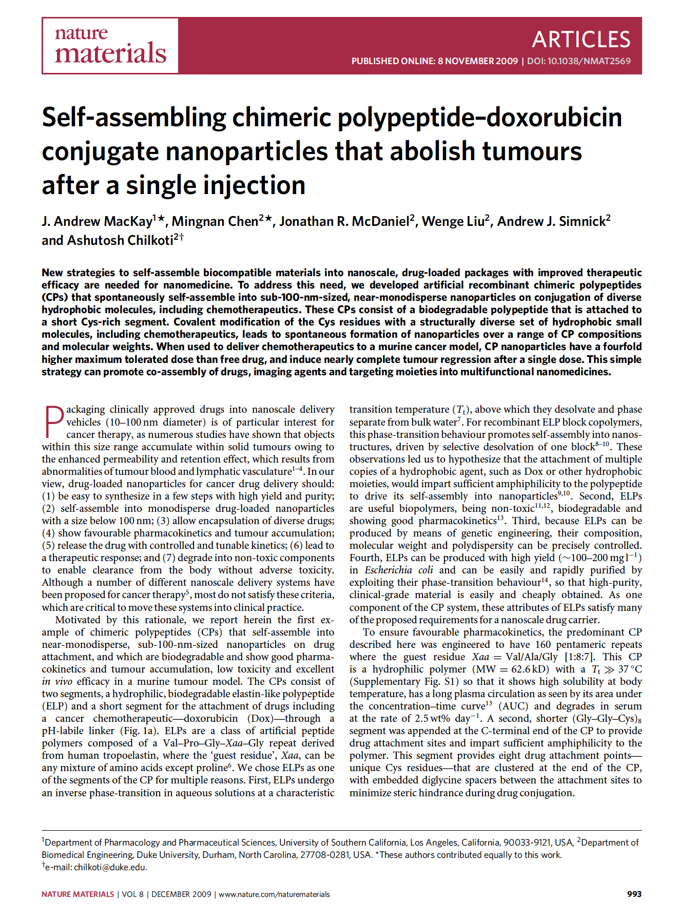 Academic scientific article titled "Self-assembling chimeric polypeptide-doxorubicin conjugate nanoparticles that abolish tumours after a single injection" from Nature Materials, published online November 8, 2009.