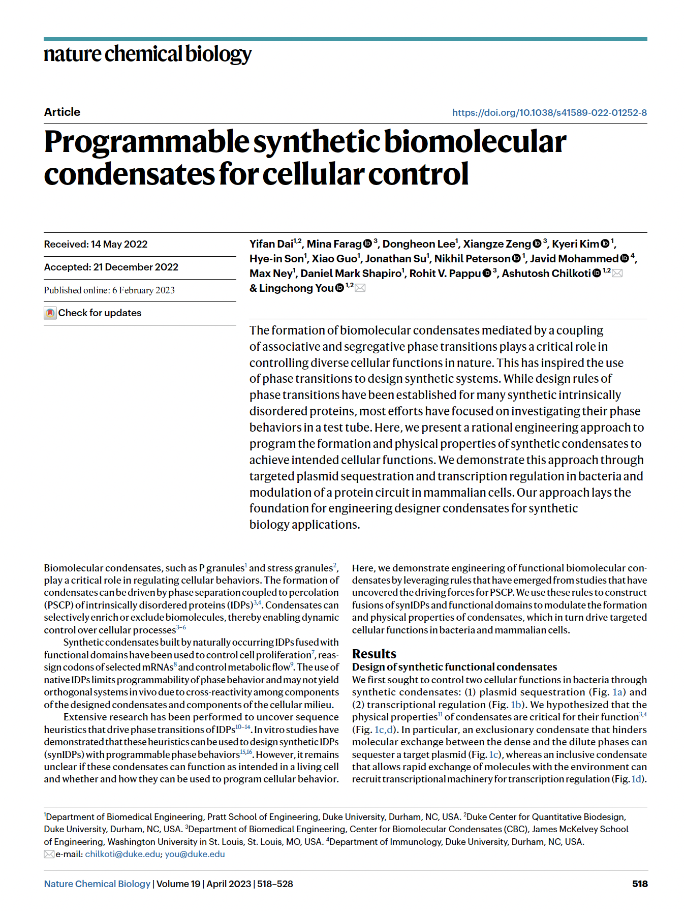 Screenshot of a scientific research article titled "Programmable synthetic biomolecular condensates for cellular control" from the journal Nature Chemical Biology, published in April 2023, volume 19, pages 518-528.