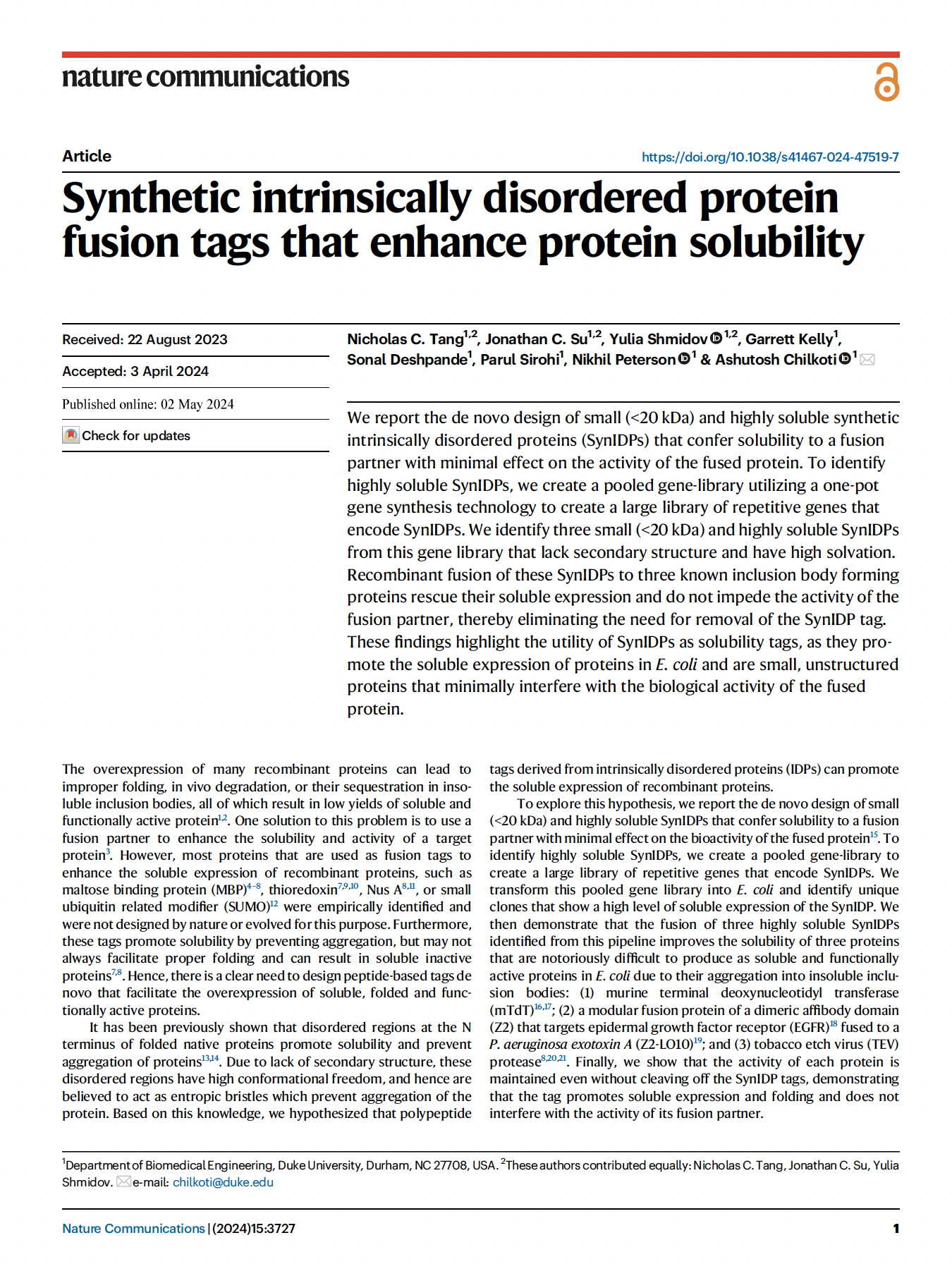 Page from a scientific research article titled 'Synthetic intrinsically disordered protein fusion tags that enhance protein solubility' published in Nature Communications in May 2024. The text includes article details, authors, and a brief summary of the research findings.