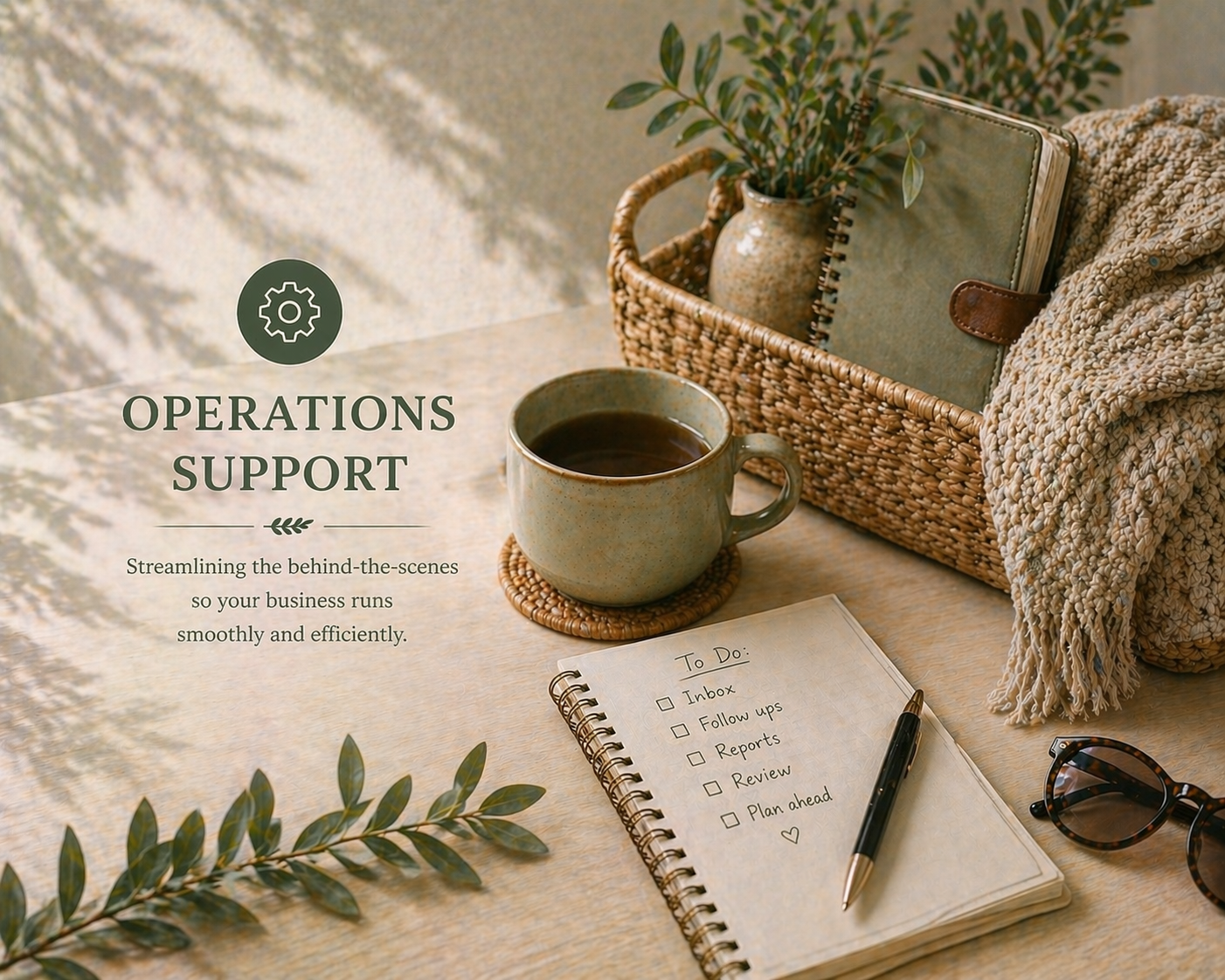 A flat lay photo of a work desk with a cup of coffee, a notebook with a to-do list, sunglasses, and a basket with a plant, notebooks, and a blanket. Text overlay reads 'Operations Support' with a gear icon and a tagline about streamlining behind-the-scenes for business efficiency.