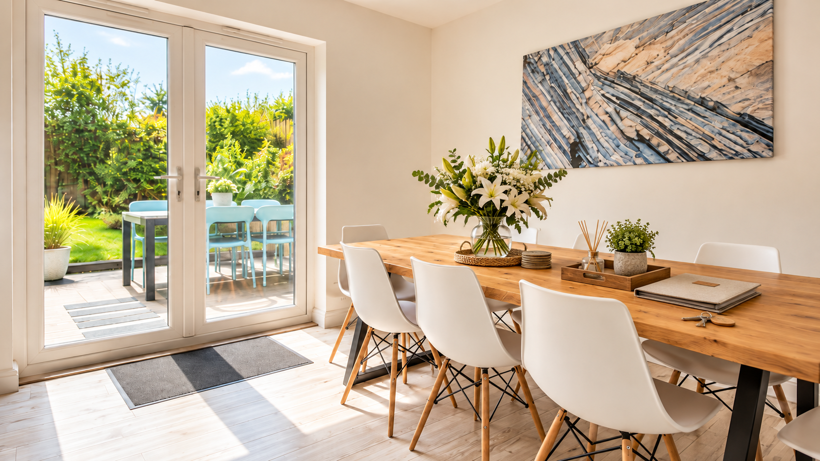 A dining room with a wooden table surrounded by white chairs, decorated with a vase of white lilies and greenery, with a large abstract landscape painting on the wall. Glass doors lead to an outdoor patio with a table and chairs, and a lush green garden outside.