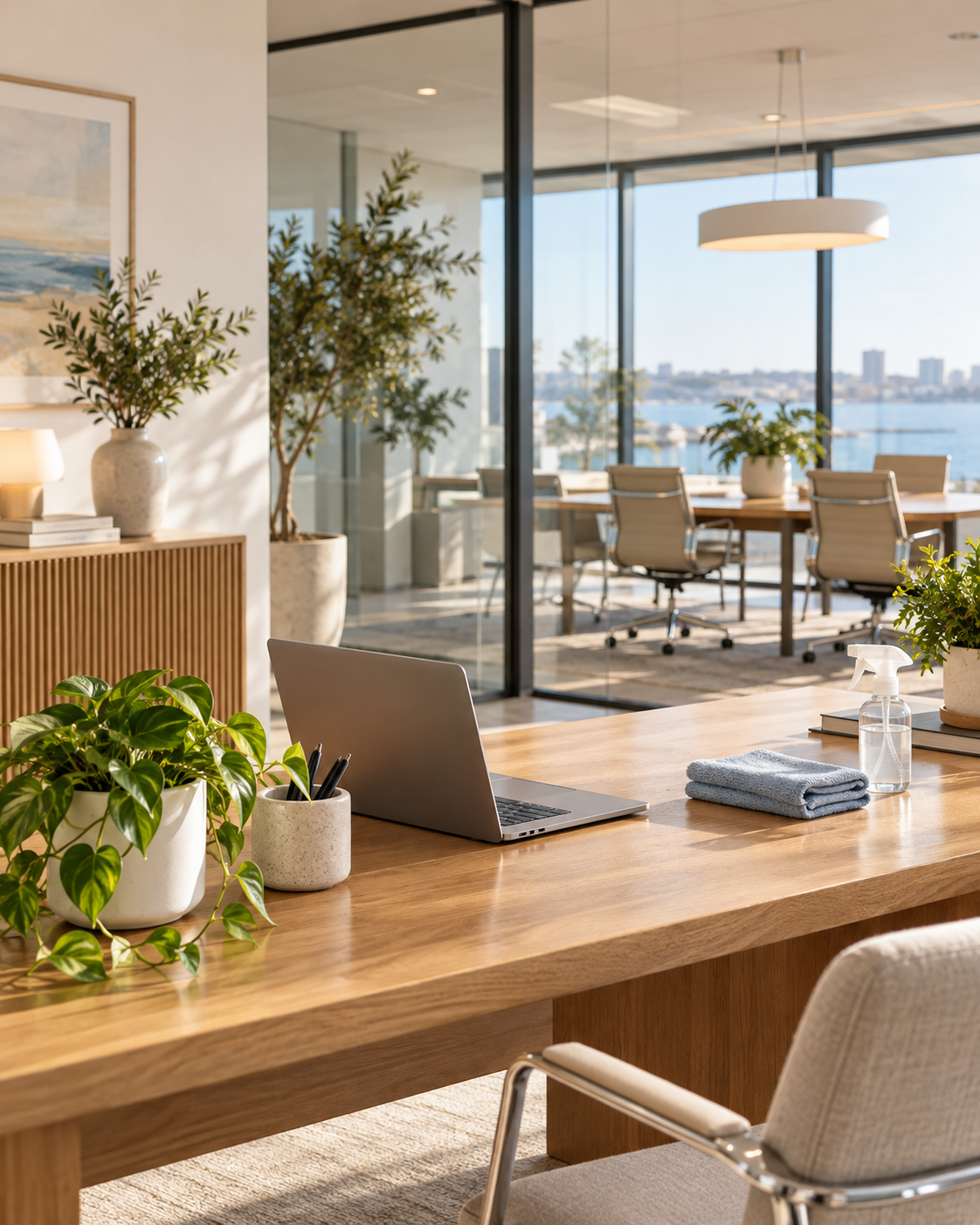 Modern office with wooden desk, laptop, plants, and glass wall overlooking city and water.