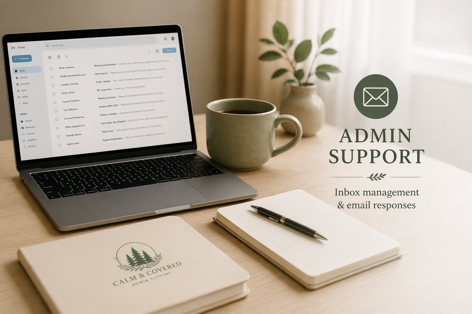 Open laptop displaying email inbox on a wooden desk, with a green mug, a potted plant, a notebook, and a pen nearby. Overlay text reads, 'Admin Support: Inbox management & email responses'.