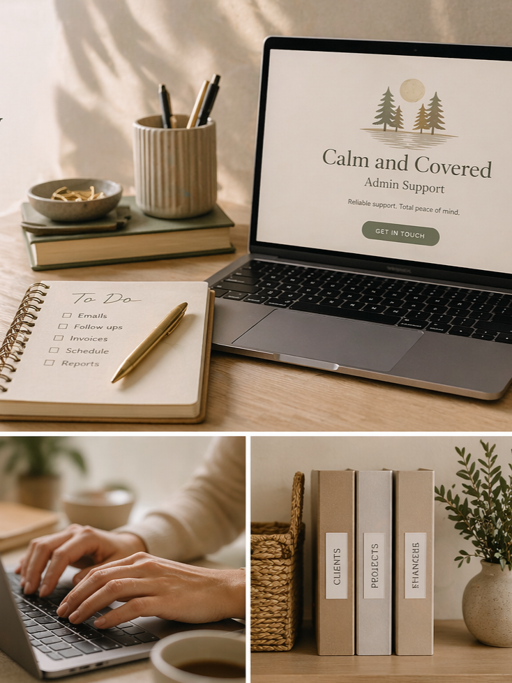 Collage of three images showing a work desk with a laptop displaying 'Calm and Covered Admin Support', a person's hands working on a laptop, and a shelf with labeled file folders and a potted plant.