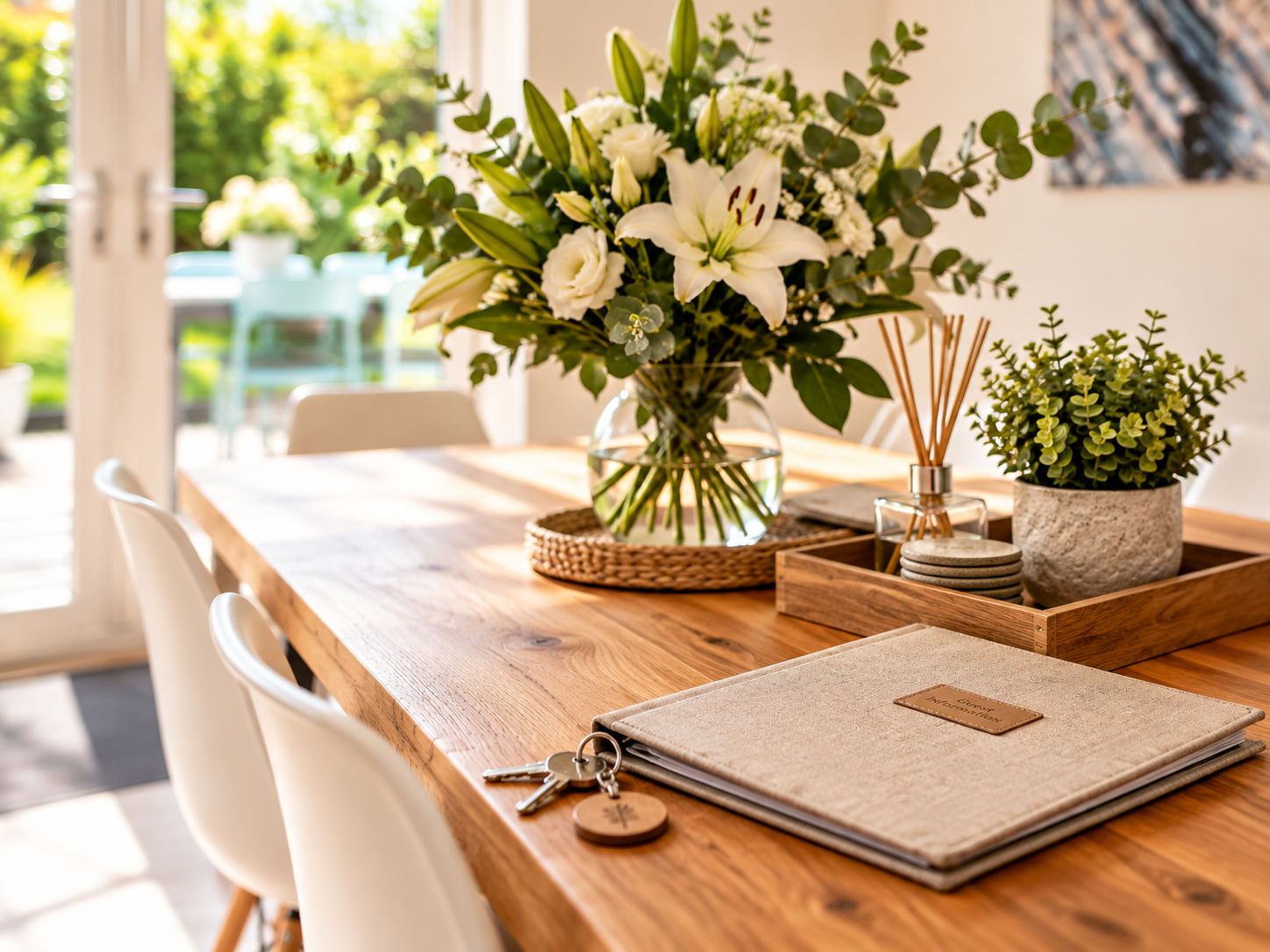 A wooden dining table with a large floral arrangement of lilies and white flowers, a potted green plant, a reed diffuser, and a set of keys and a beige folder on top, with sunlight streaming in from outside.