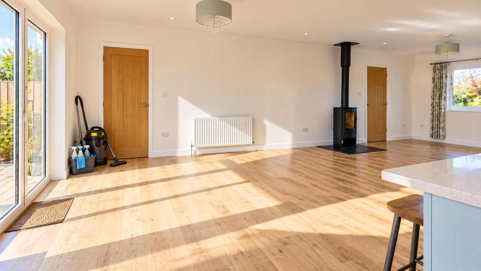 Empty living room with wooden floors, two wooden doors, a wood-burning stove, large windows, a sliding glass door, and cleaning supplies near one door.