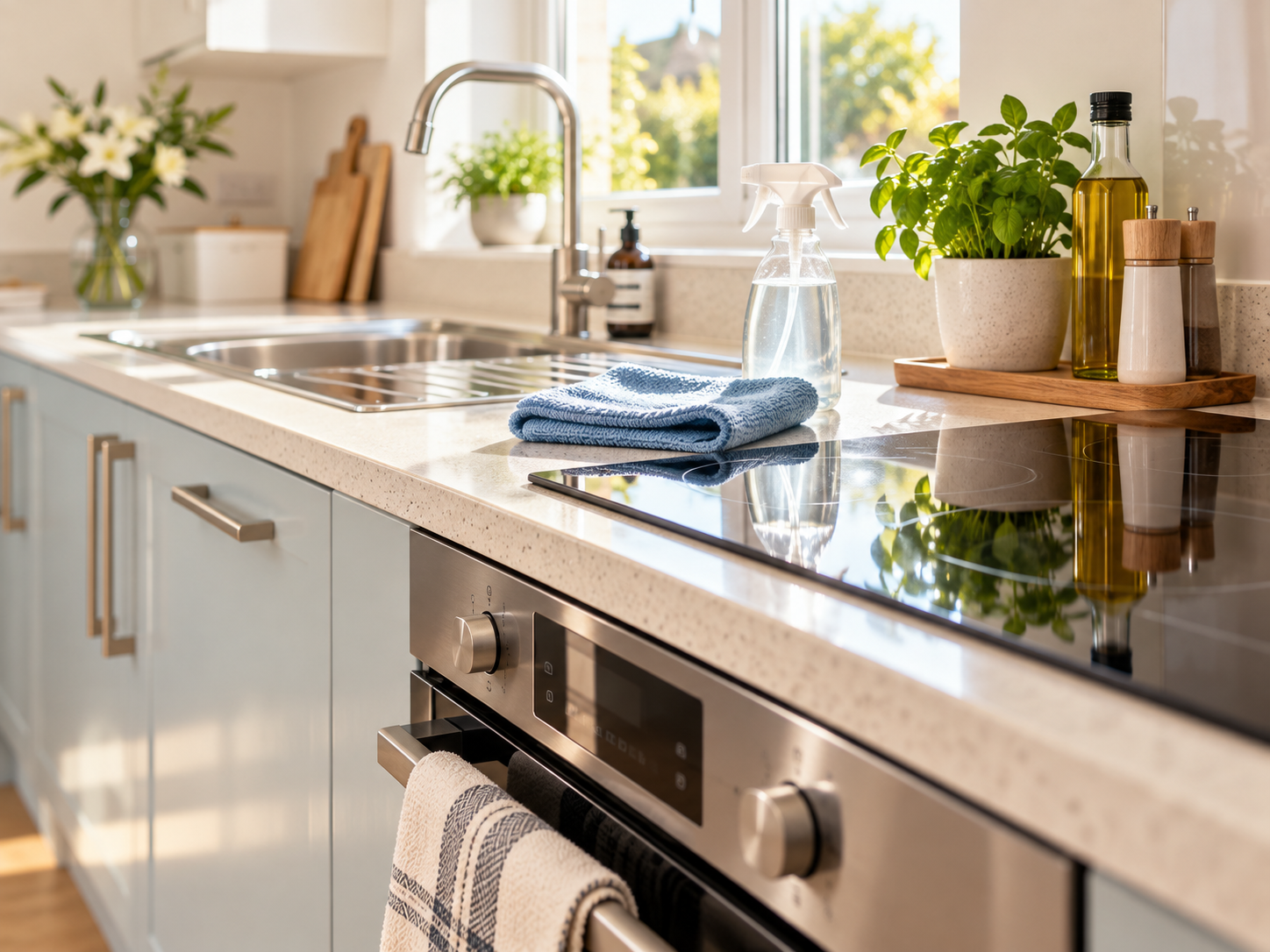Clean kitchen countertop with a sink, plants, oil and spice bottles, a spray bottle, a blue towel, and a black ceramic stove with a towel hanging on the oven handle.