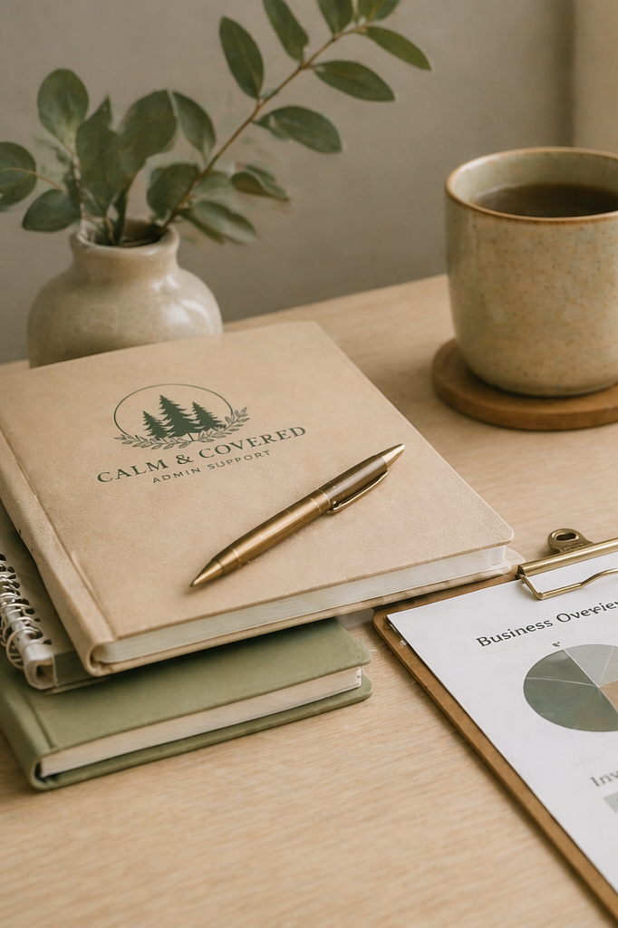 A workspace with a beige notebook titled 'Calm & Covered Admin Support' on top of two other notebooks, a gold pen, a clipboard with a 'Business Overview' sheet, a ceramic mug of coffee, and a small vase with green leaves, all on a wooden table.