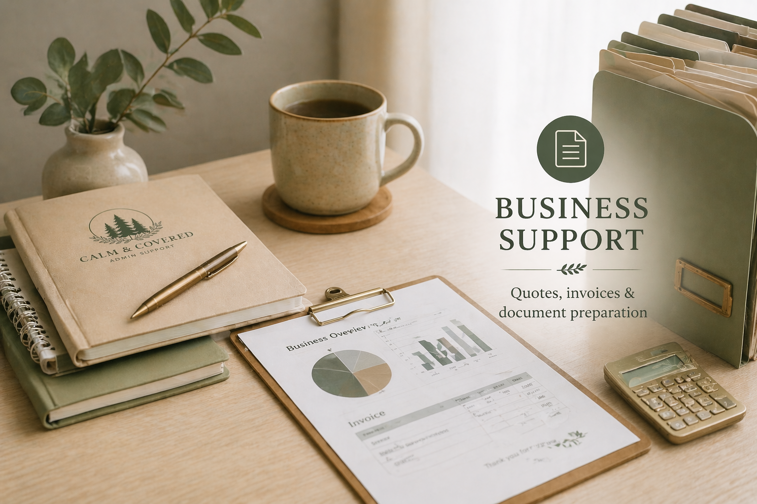 Office desk with a notebook, books, a pen, a cup of coffee, a clipboard with charts, a calculator, and file folders, with a plant in the background.