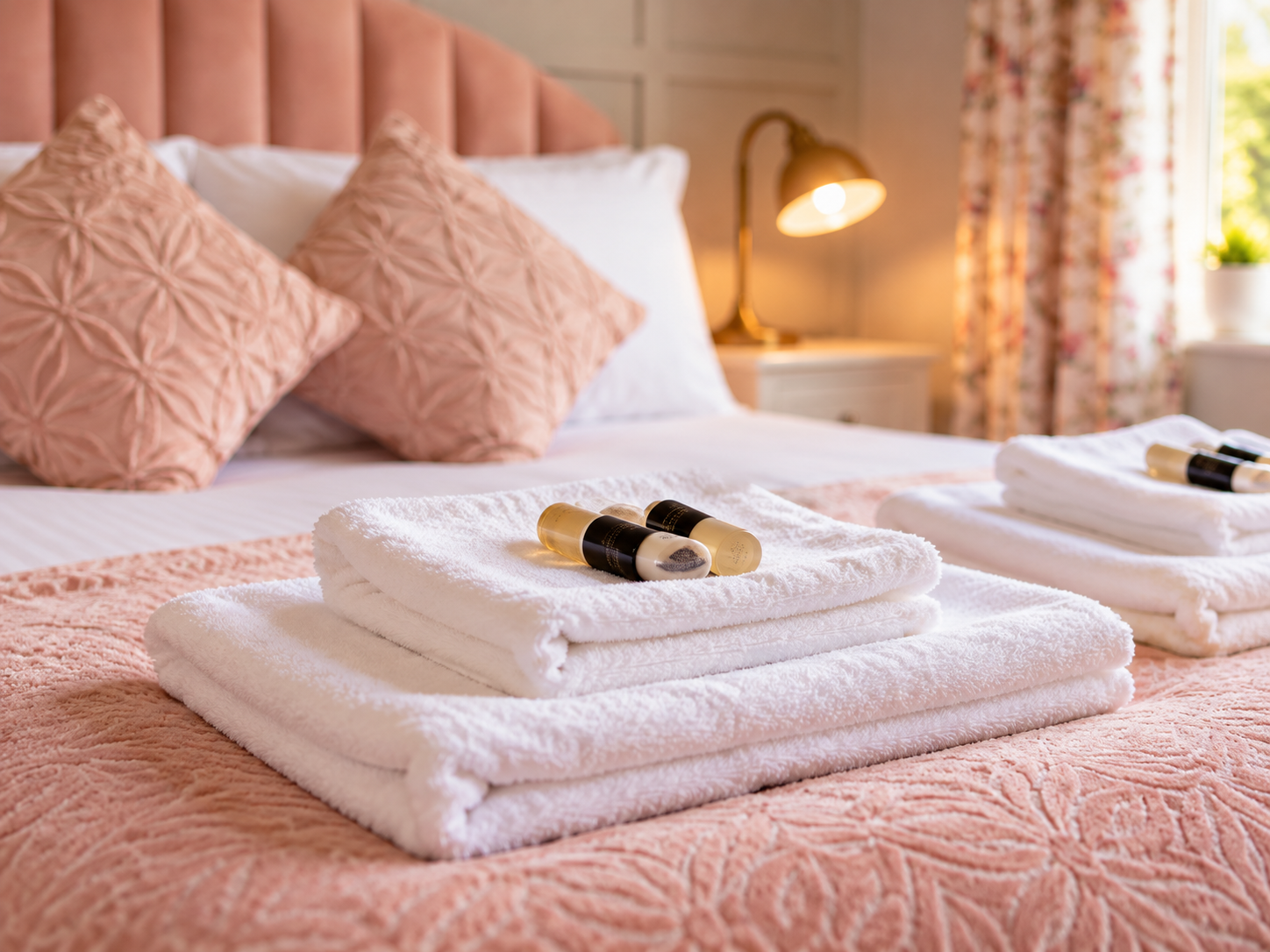 A neatly made bed with a pink quilt, decorative pink pillows, and white towels with small bottles on top, in a cozy bedroom with sunlight from a window and floral curtains.