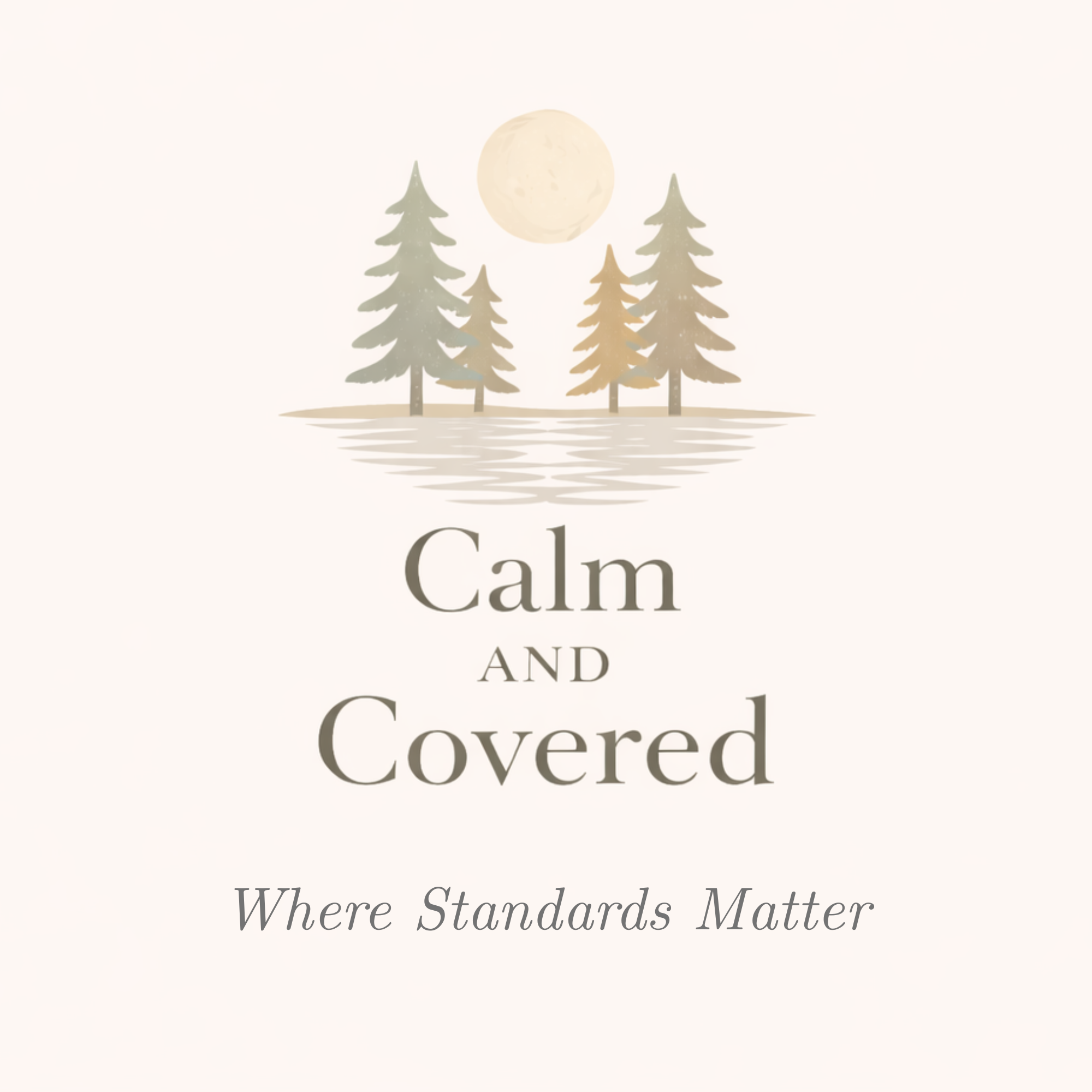 A minimalist illustration of four pine trees of varying sizes, with a large full moon in the background, and water reflecting the trees and moon. Below is the text 'Calm and Covered'.