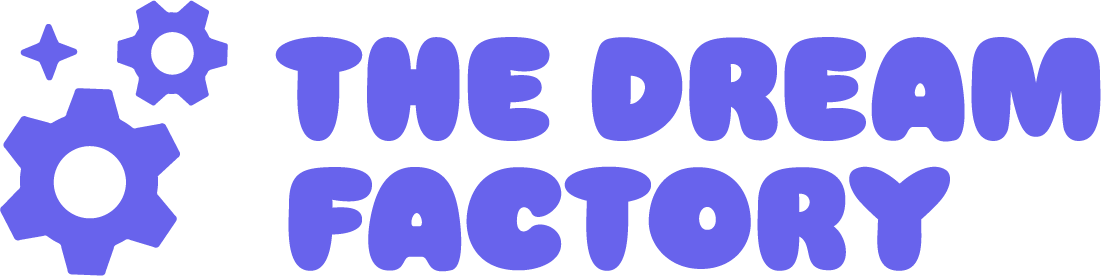 Text reads 'The Dream Factory' with gear icons on the left.