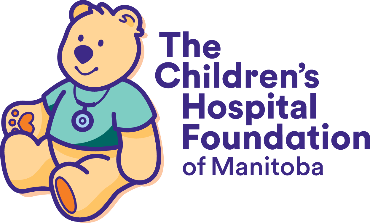 Logo of The Children's Hospital Foundation of Manitoba featuring a cute cartoon teddy bear with a bandage on its paw and a stethoscope around its neck, alongside the organization's name.