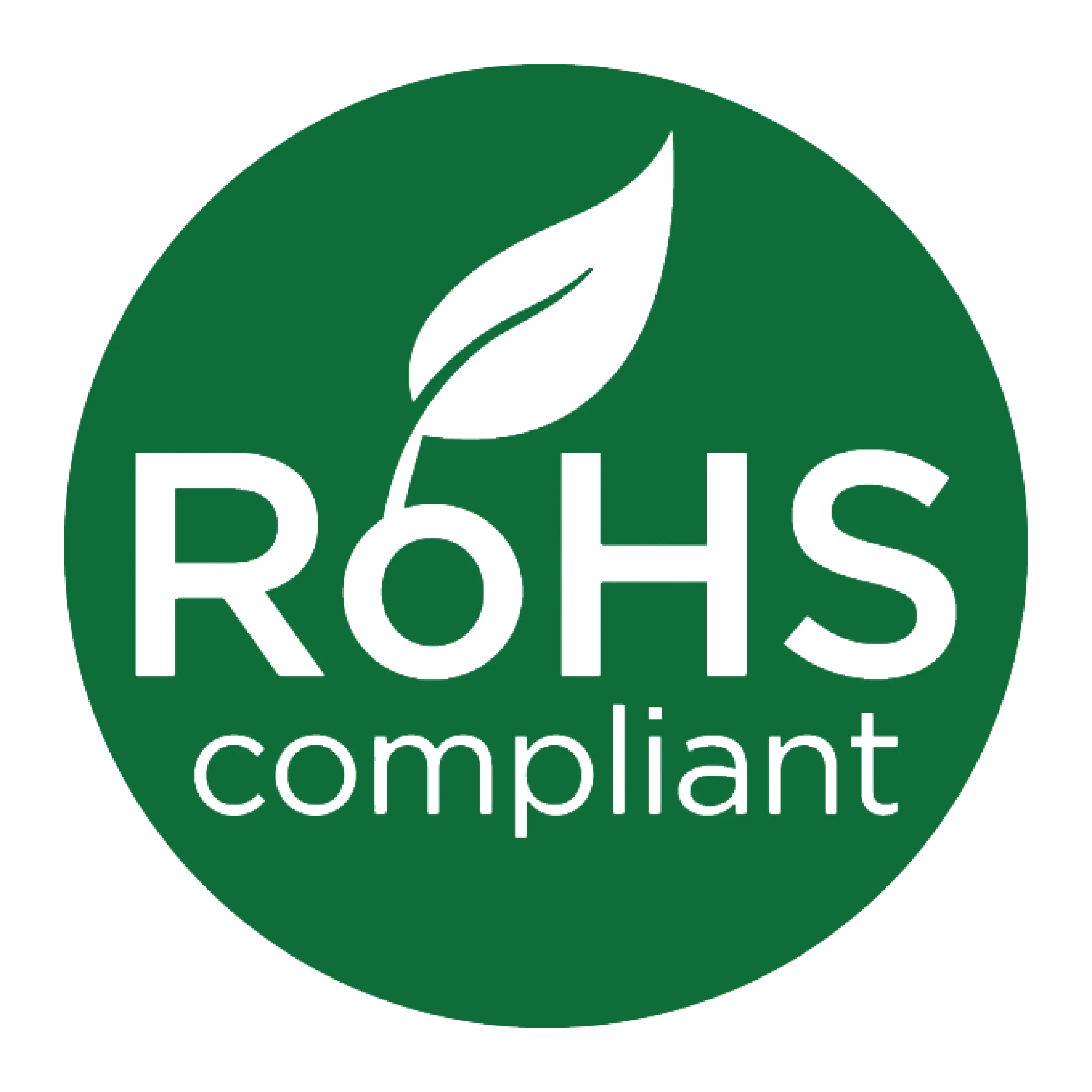 The image displays a green circular logo with a white leaf icon inside and text reading 'ROHS Compliant'