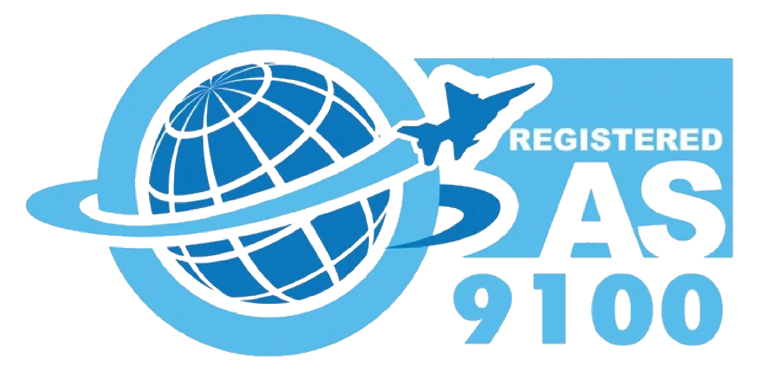 Logo with a globe being circled by an airplane and the text 'AS9100 REGISTERED'