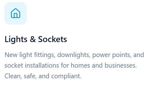 Screenshot of a website section titled 'Lights & Sockets,' describing new light fittings, downlights, power points, and socket installations for homes and businesses, emphasizing safety and compliance.