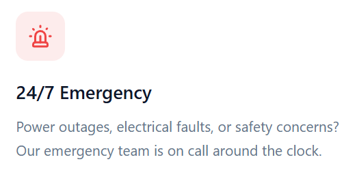 Notification about 24/7 emergency support for power outages, electrical faults, or safety concerns, with a message that the emergency team is on call.