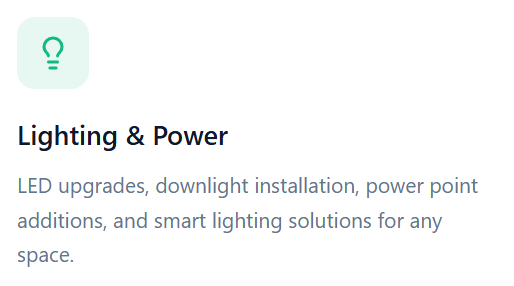 Text describing LED upgrades, daylight installation, power point additions, and smart lighting solutions.