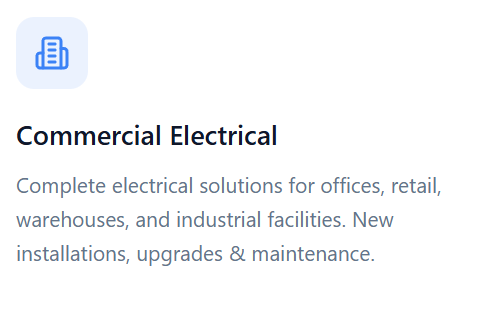 Corporate Electrical business card or flyer with company name and description of electrical solutions for offices, retail, warehouses, and industrial facilities.