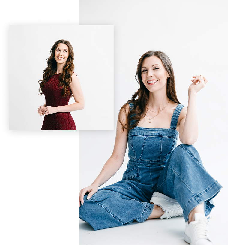 A young woman with long brown hair sitting cross-legged on the floor, wearing a blue denim jumpsuit and white sneakers, smiling and raising her right hand. In the inset, there is a portrait of the same woman with long wavy hair, wearing a red sleeveless dress, smiling and looking to her left.