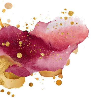 Abstract watercolor splash with shades of pink, gold, and beige, scattered with gold foil accents.