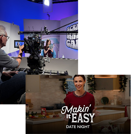 A woman hosting a game show with a camera crew recording, and a festive kitchen background with holiday decorations.