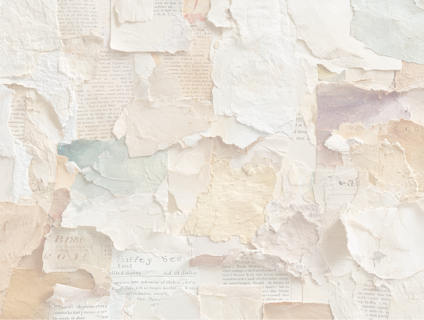 A collage of torn and layered paper pieces with vintage text and pastel colors.