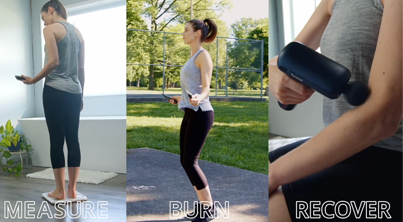Three panels showing different stages of fitness routine: a woman measuring herself indoors, a woman jumping rope outdoors, and a person doing self-massage with a massage gun indoors.