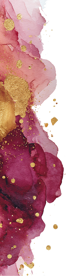 Abstract watercolor painting in pink, red, and gold hues with gold splatters.