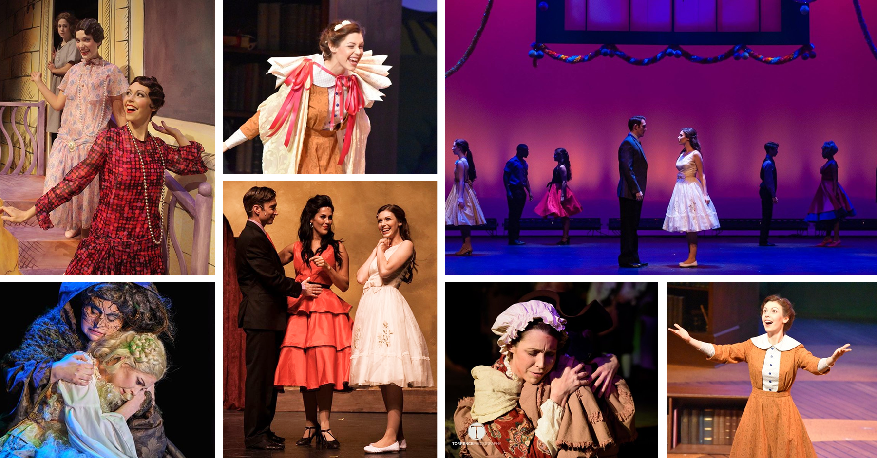 Collage of scenes from a musical theater production, featuring characters in period costumes performing on stage with various emotional expressions and interactions.
