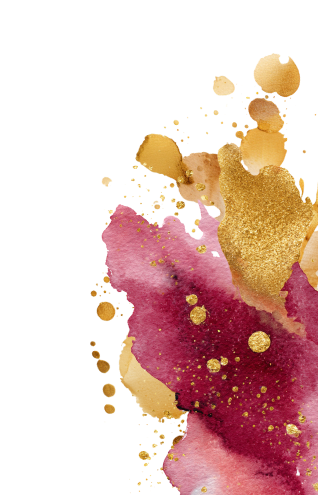 Abstract watercolor painting featuring gold splashes and pink and red hues.