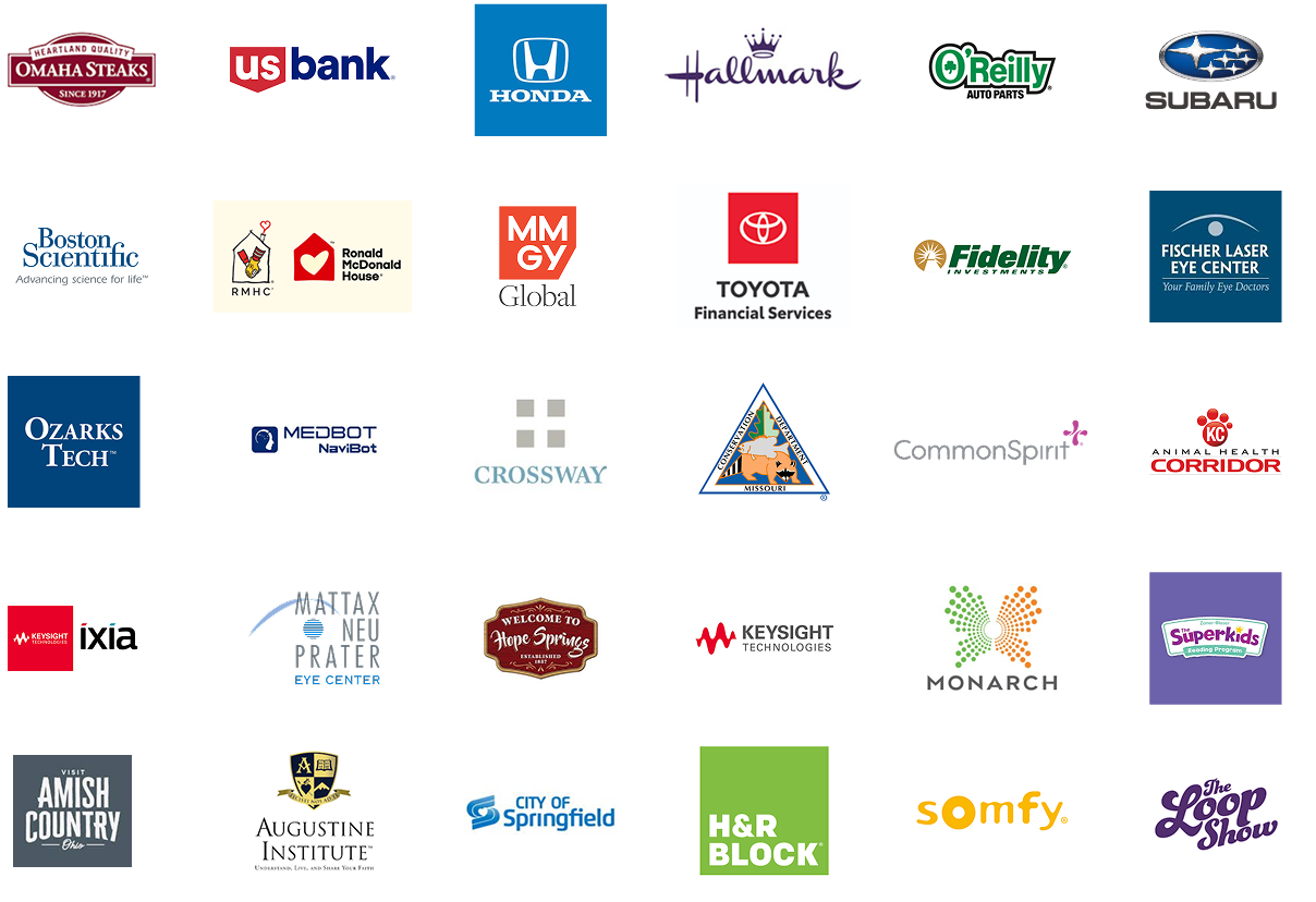 Collection of various company logos arranged in a grid pattern, including Omaha Steaks, US Bank, Honda, Hallmark, O'Reilly Auto Parts, Subaru, Fischer Laser Eye Center, Ozarks Tech, MedBot NaviBot, Crossway, Missouri State University, Animal Health Corridor, Keysight Technologies, Monarch, SuperKids, Loop Show, H&R Block, City of Springfield, Augustine Institute, AMish Country, Welcome to Hope Springs, and others.