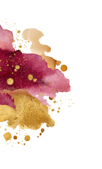 Abstract watercolor splash in shades of pink, gold, and beige with gold flecks on a white background.