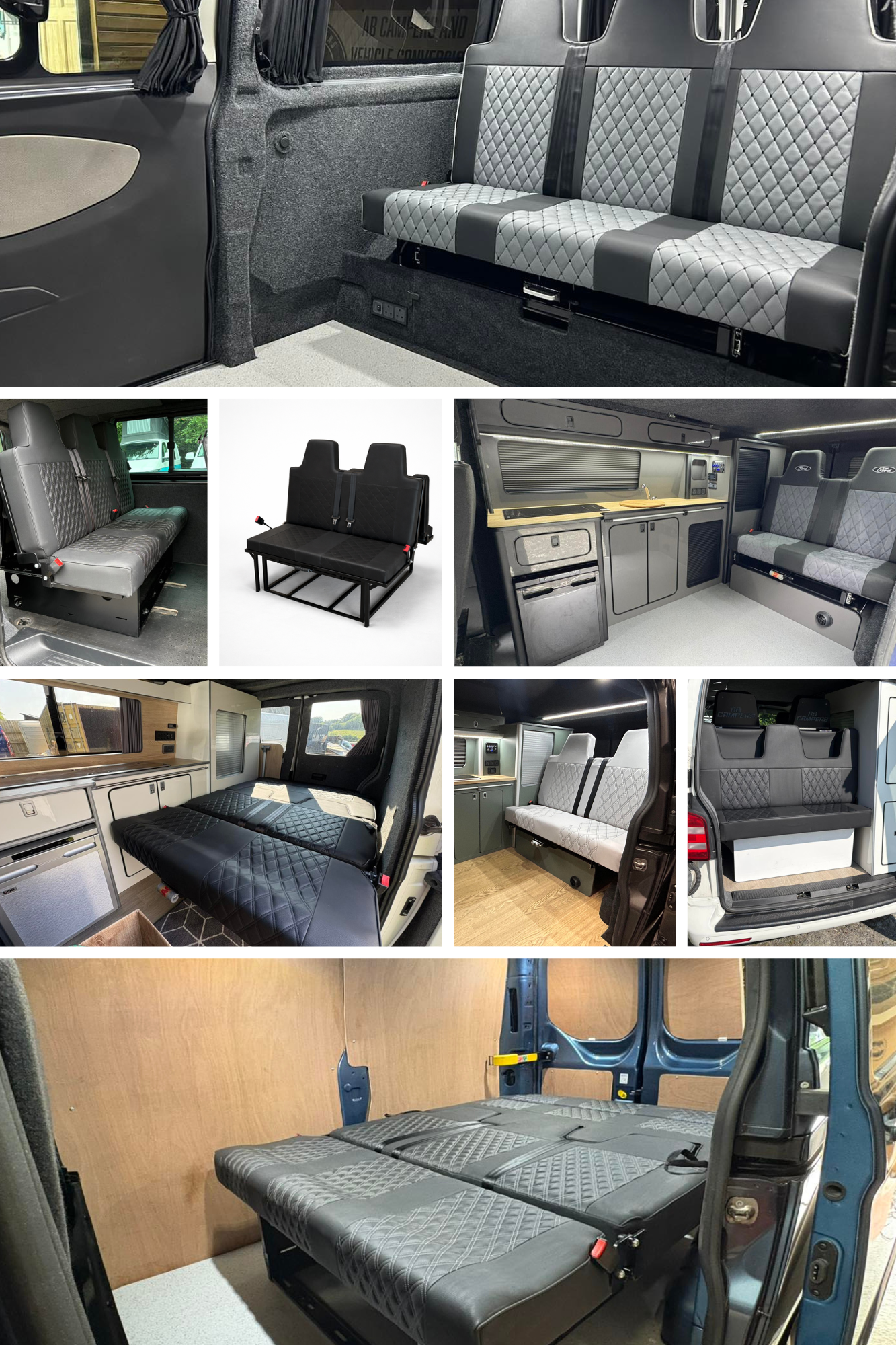 Various interior views of a converted camper van, showcasing foldable and fixed seating, a small kitchenette, a sleeping area, and custom cabinetry.