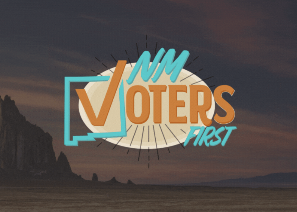 Graphic with the words 'NM Voters First' and a checkmark inside a box against a sunset landscape background.