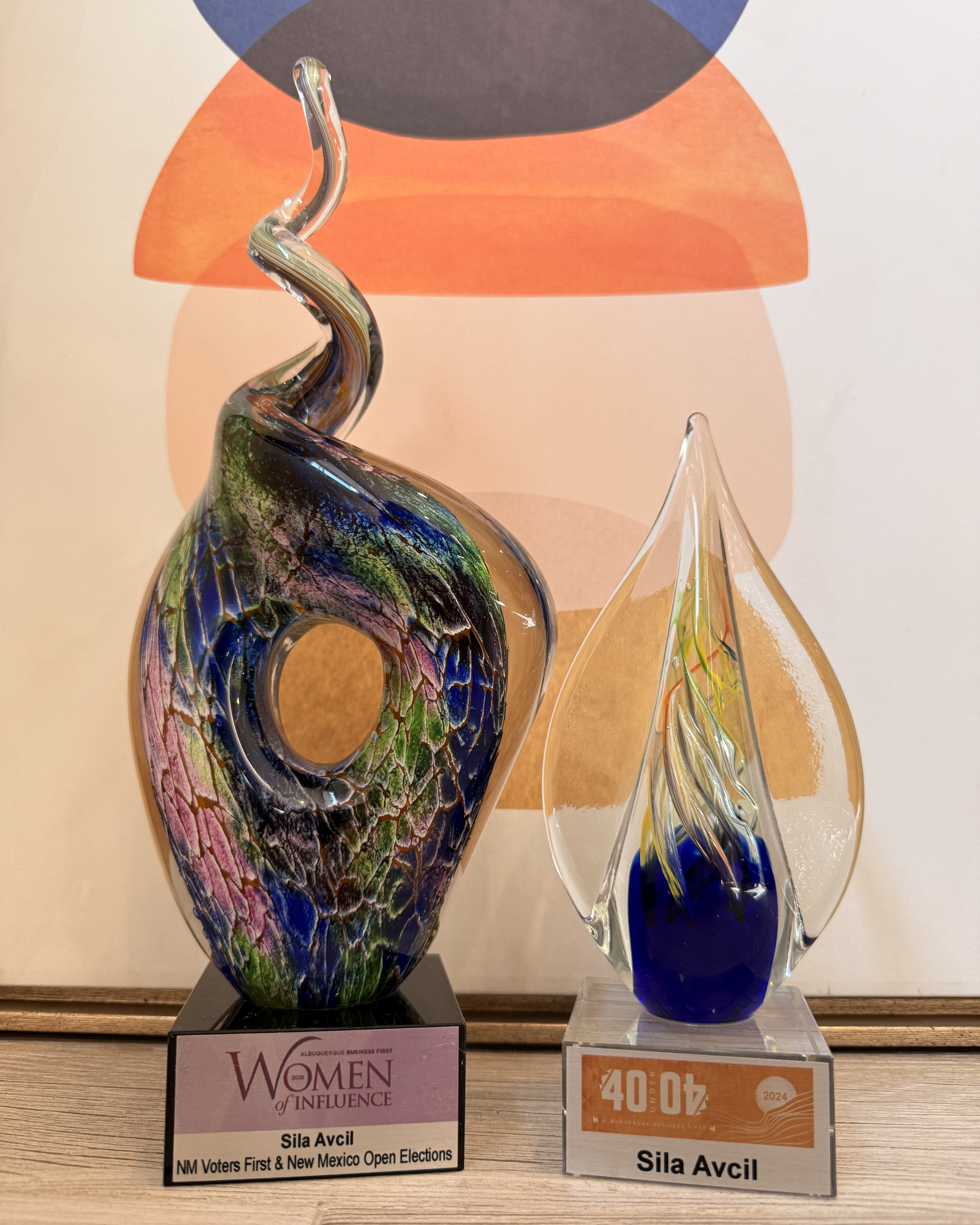 Two colorful glass art sculptures, one resembling a stylized bird with a long, curved neck and multicolored feathers, the other a clear glass abstract shape with yellow and blue accents, displayed on stands in front of a background with abstract shapes and colors.