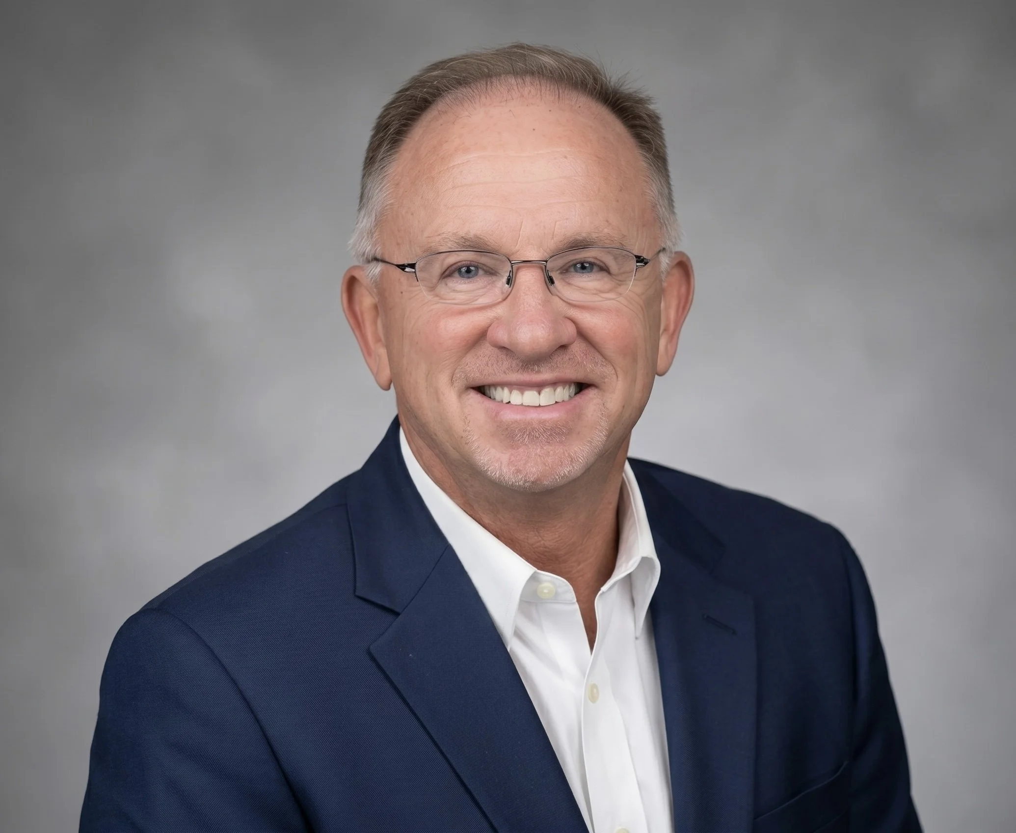 Portrait of an older man with light skin, gray hair, glasses, wearing a dark blue suit and white shirt, smiling against a gray background.
